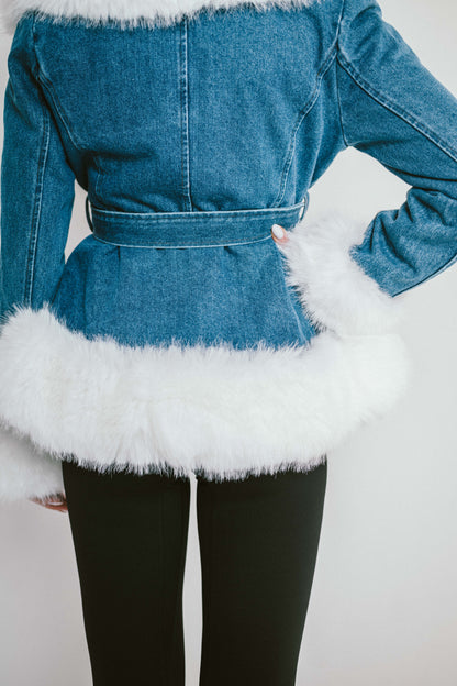 DENVER – Veste en jean doublée fausse fourrure avec ceinture