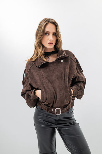 SIENNA – Blouson en suédine avec col zippé et ceinture