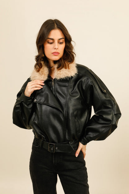 SIENNA – Veste esprit aviateur en similicuir avec col fausse fourrure