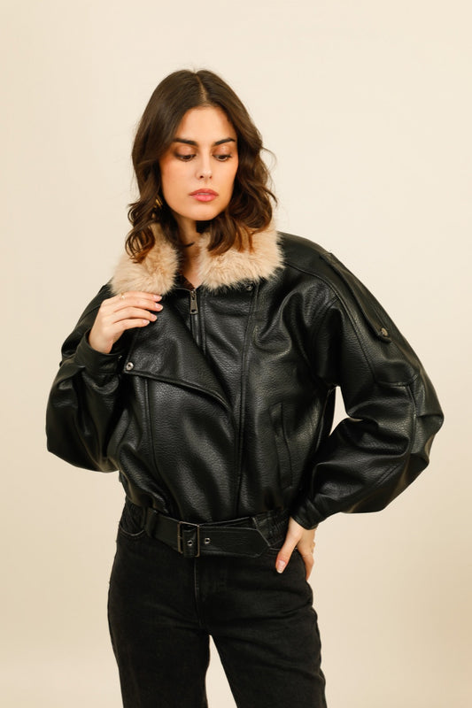 SIENNA – Veste esprit aviateur en similicuir avec col fausse fourrure