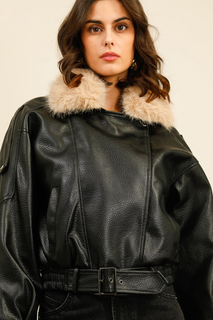 SIENNA – Veste esprit aviateur en similicuir avec col fausse fourrure