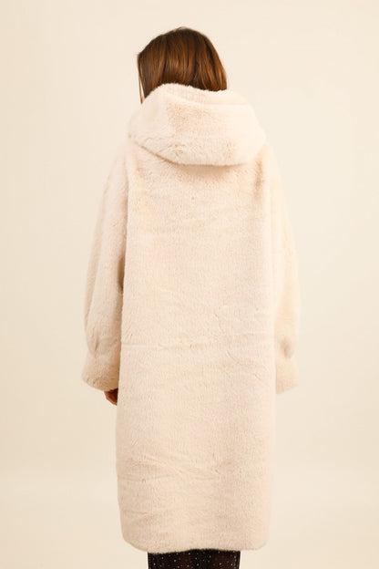 AURA – Manteau long à capuche en fausse fourrure effet premium