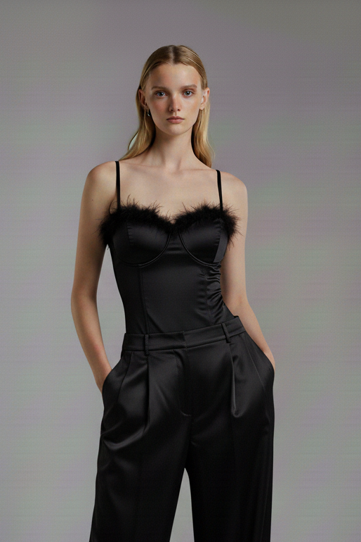 FELINA – Body satiné à plumes et bretelles fines