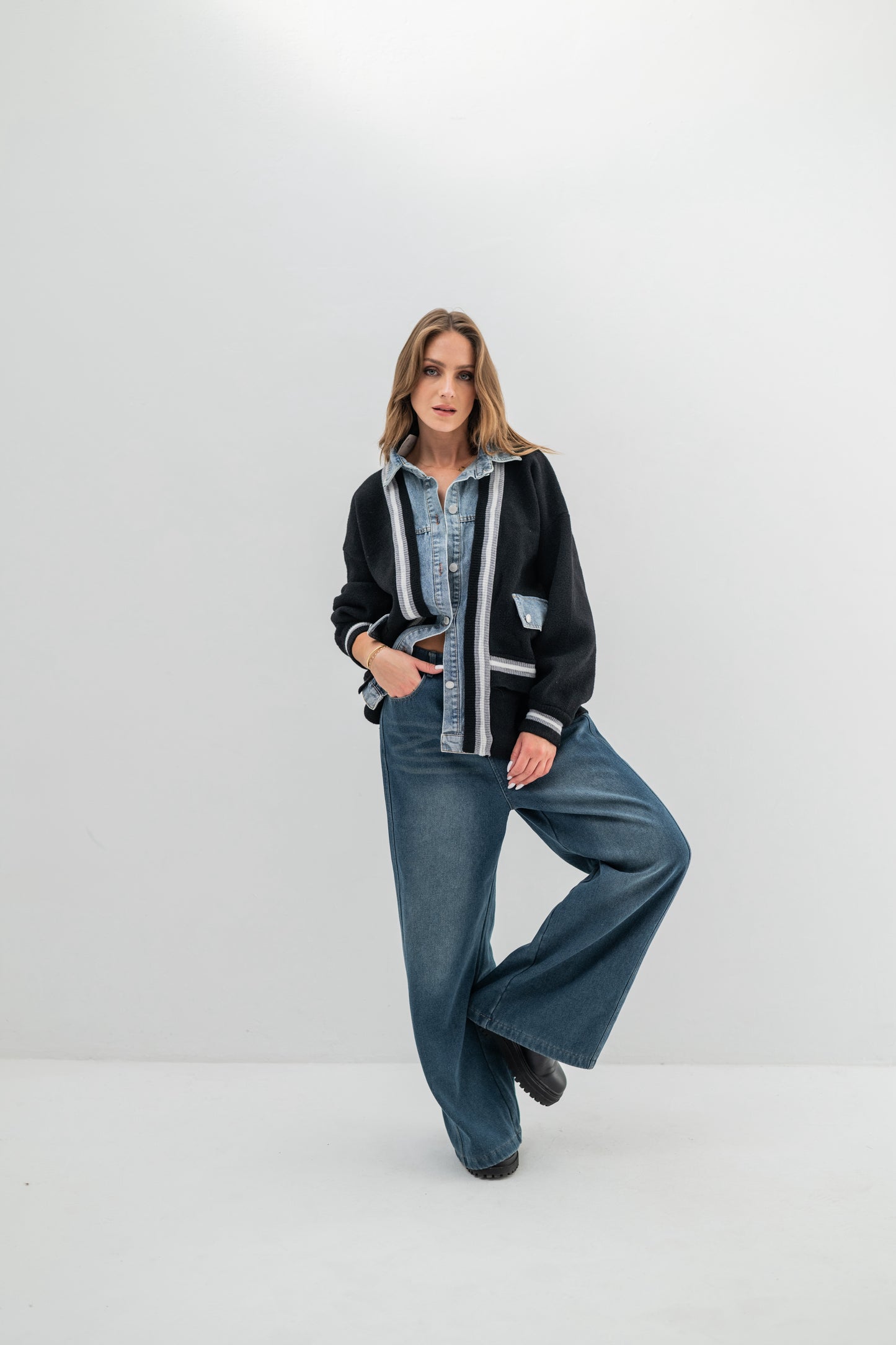 DENVER – Pull veste bi-matière à poches en denim effet premium