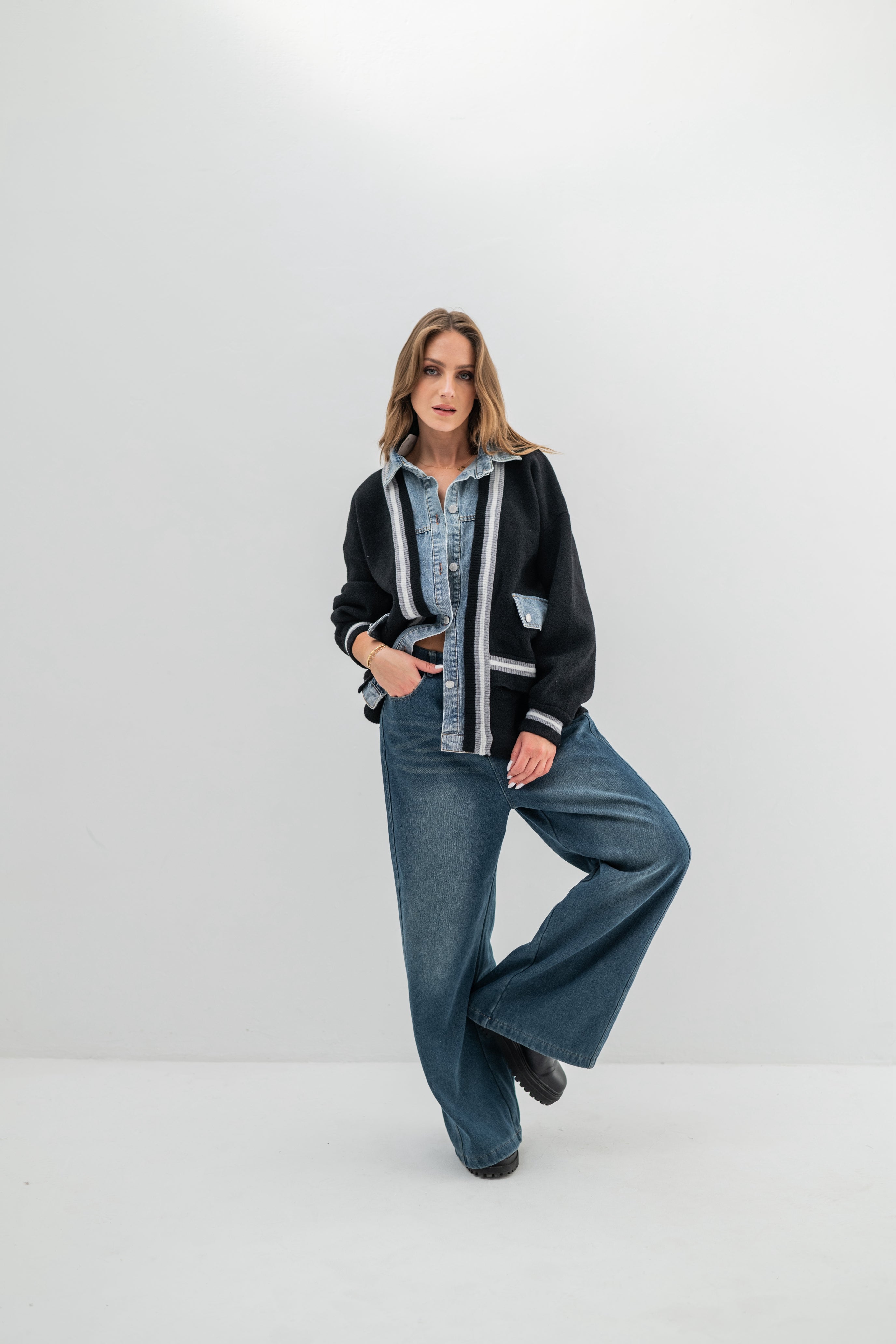 DENVER – Pull veste bi-matière à poches en denim effet premium