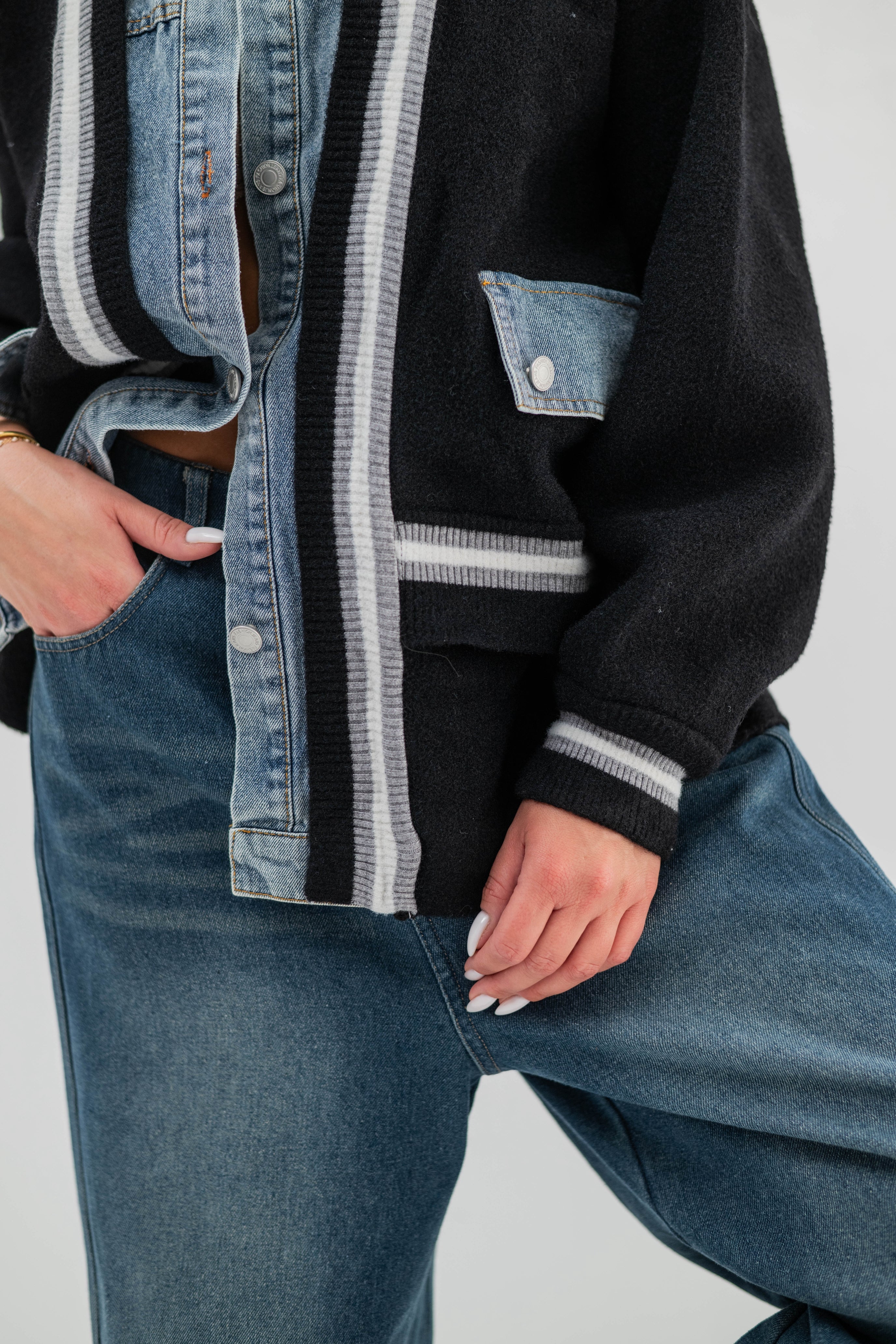 DENVER – Pull veste bi-matière à poches en denim effet premium