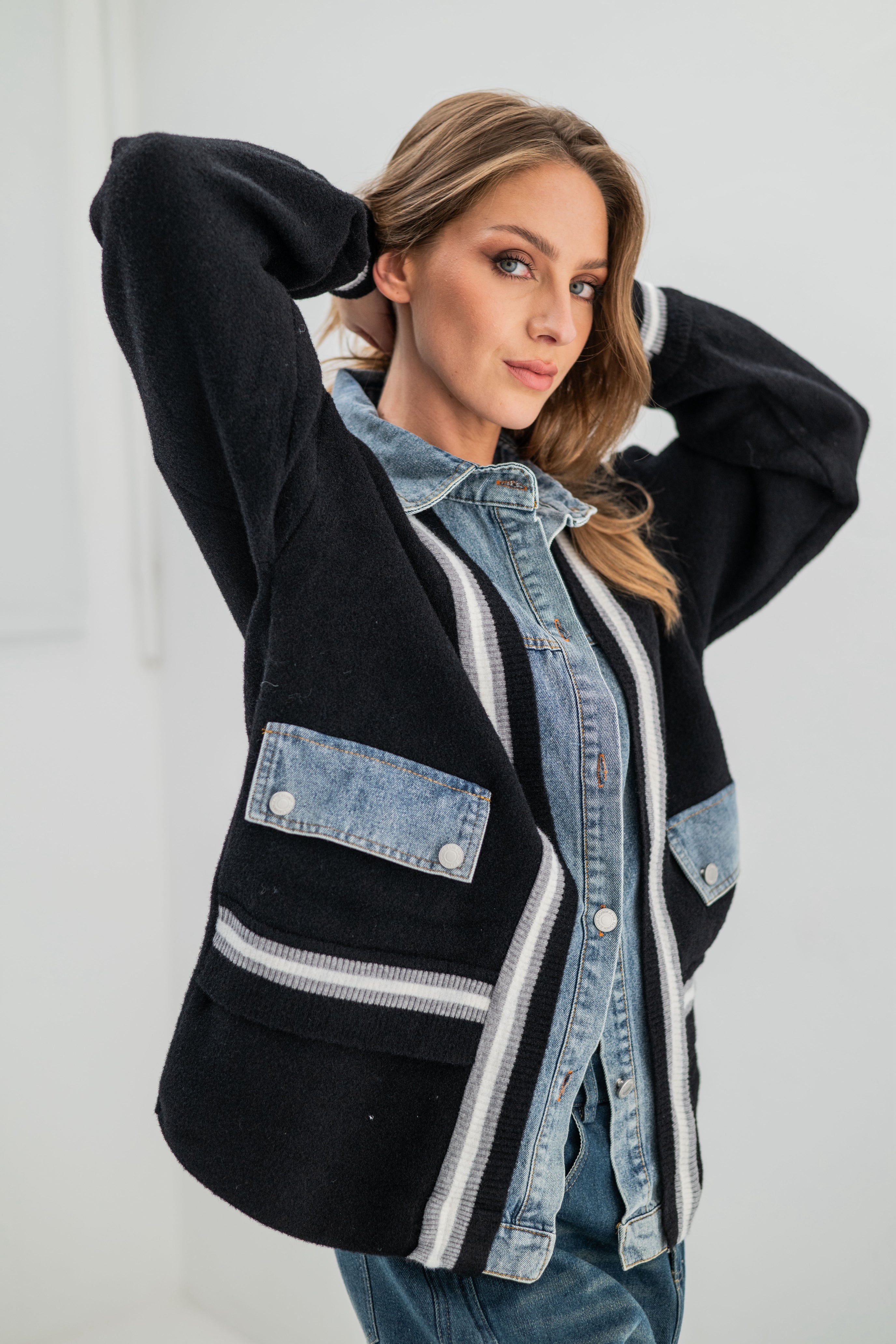 DENVER – Pull veste bi-matière à poches en denim effet premium