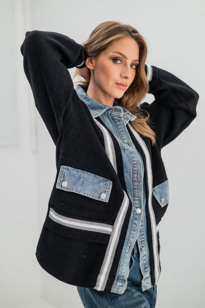 DENVER – Pull veste bi-matière à poches en denim effet premium