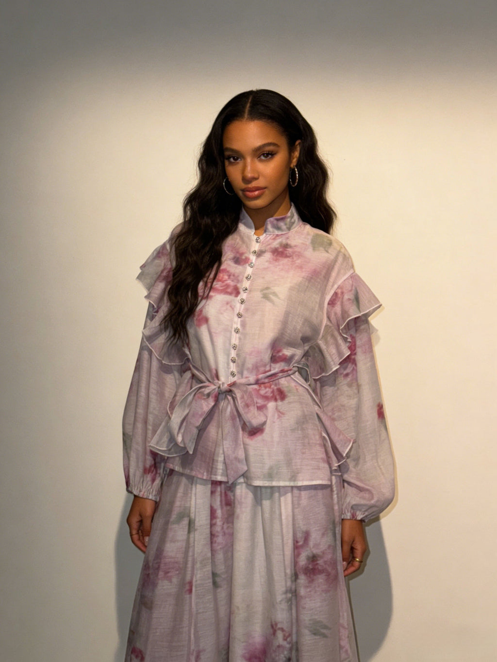 BLOOM - Ensemble Jupe longue fluide à imprimé floral volants et ceinture nouée