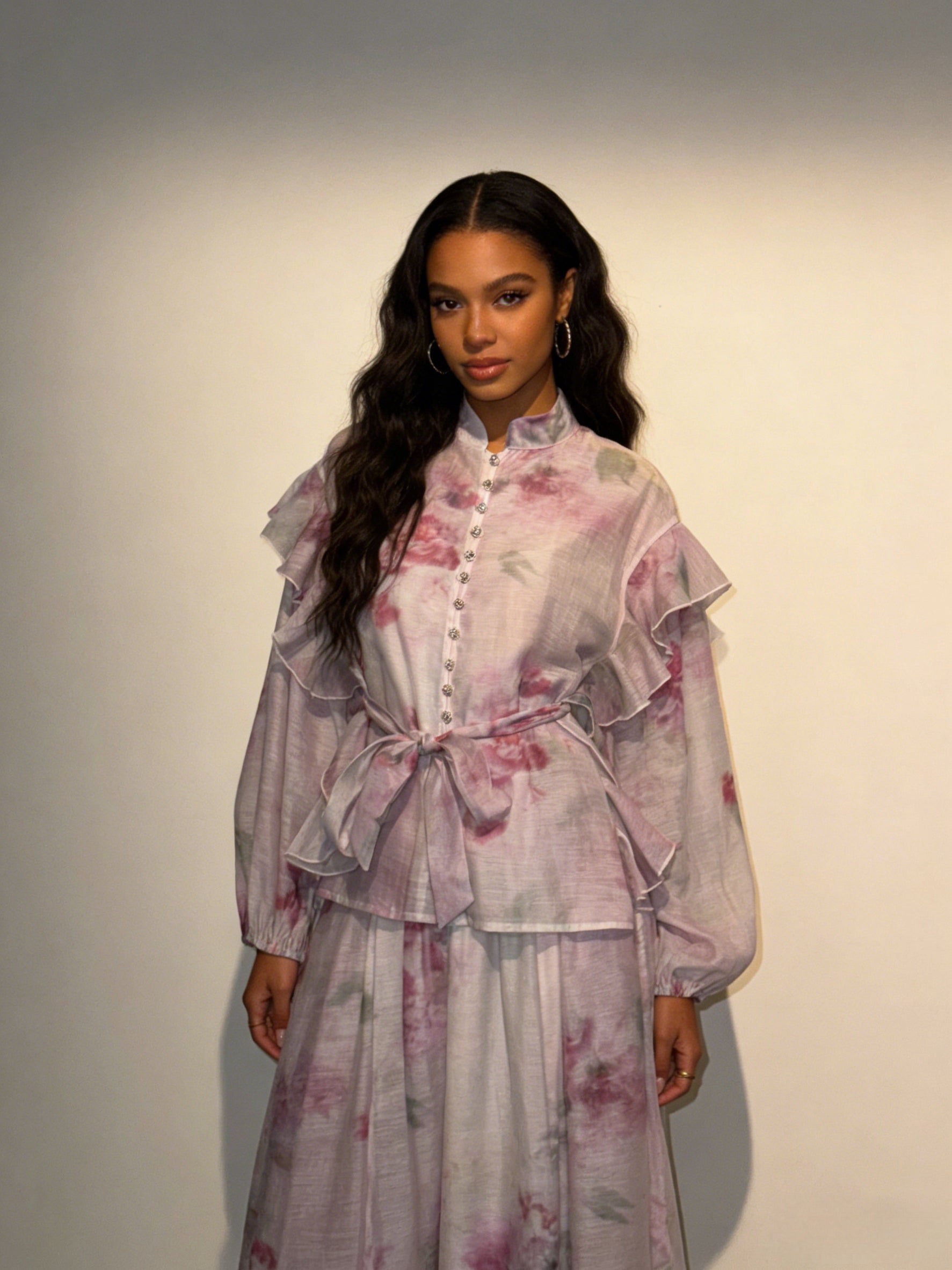 BLOOM - Ensemble Jupe longue fluide à imprimé floral volants et ceinture nouée