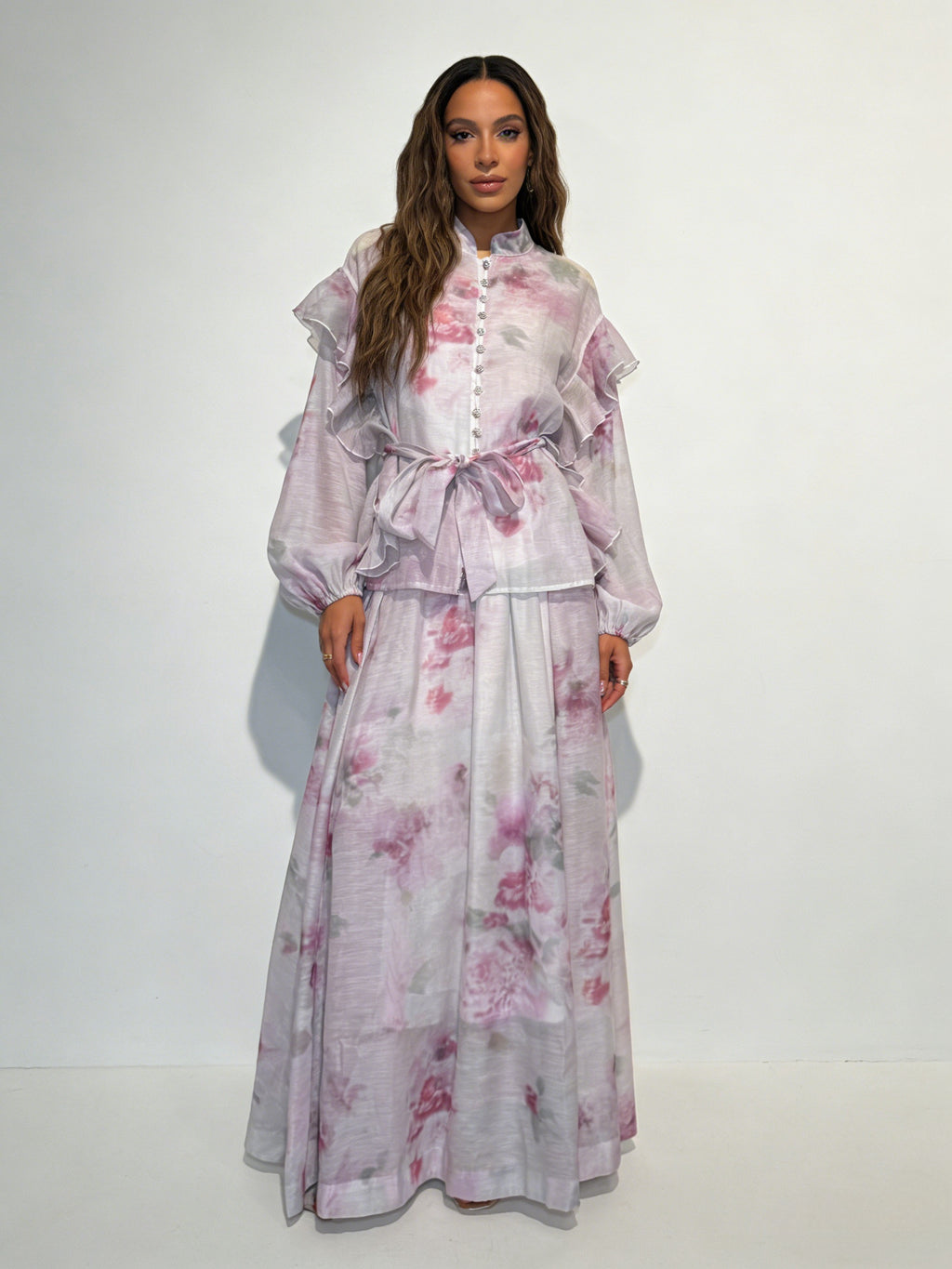 BLOOM - Ensemble Jupe longue fluide à imprimé floral volants et ceinture nouée