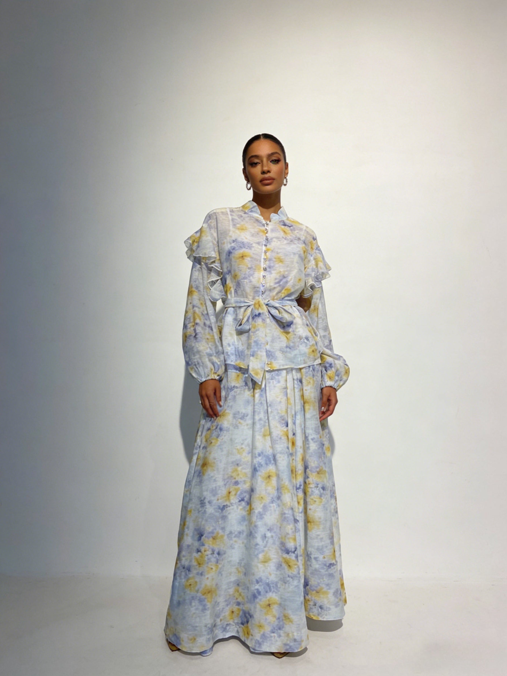 BLOOM - Ensemble Jupe longue fluide à imprimé floral volants et ceinture nouée