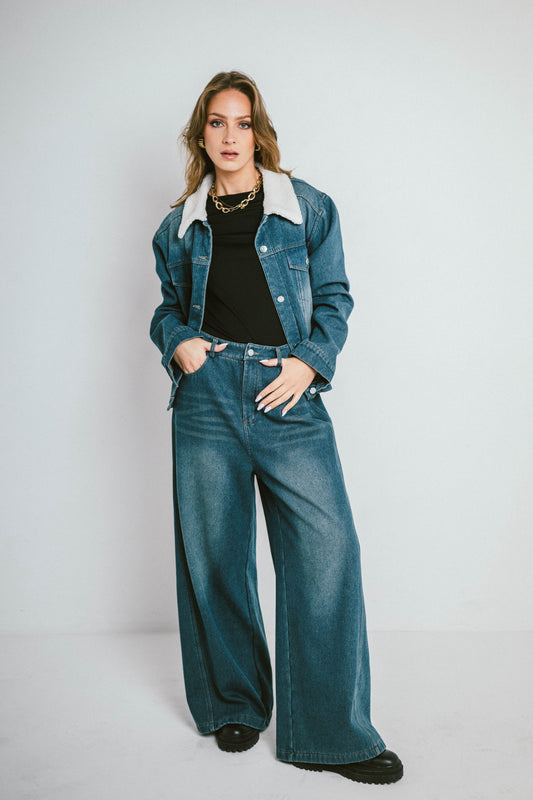 Jean DENVER – Jean taille haute doublé polaire coupe large effet vintage