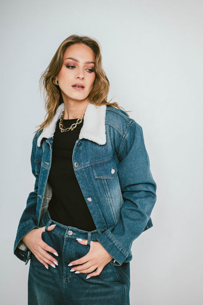 Veste DENVER – Veste en denim col sherpa effet rétro chic