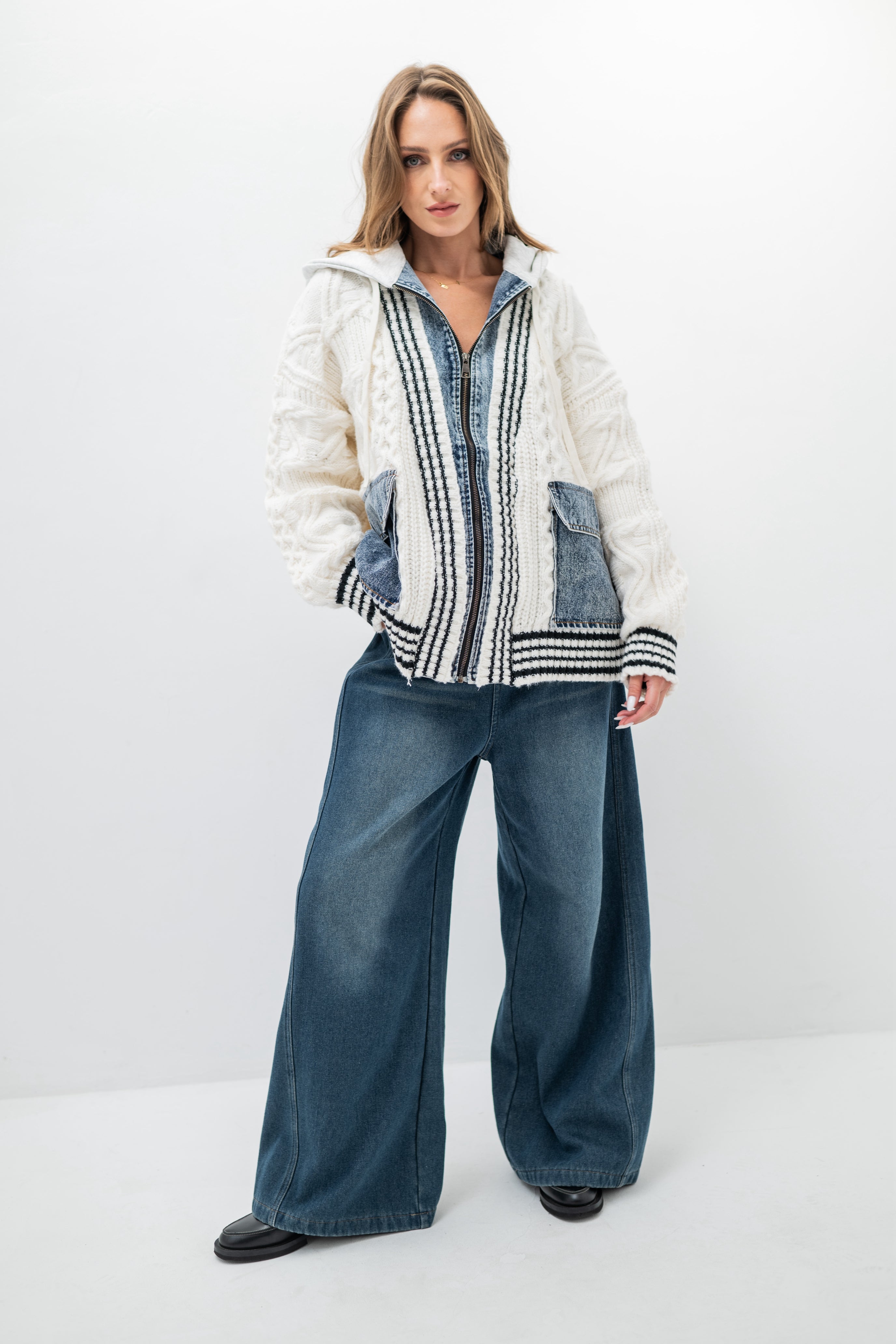 DENVER – Pull veste à capuche en tricot et denim