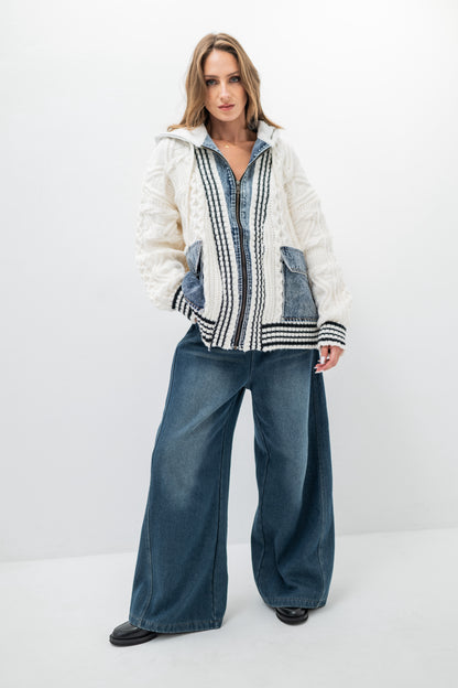 DENVER – Pull veste à capuche en tricot et denim