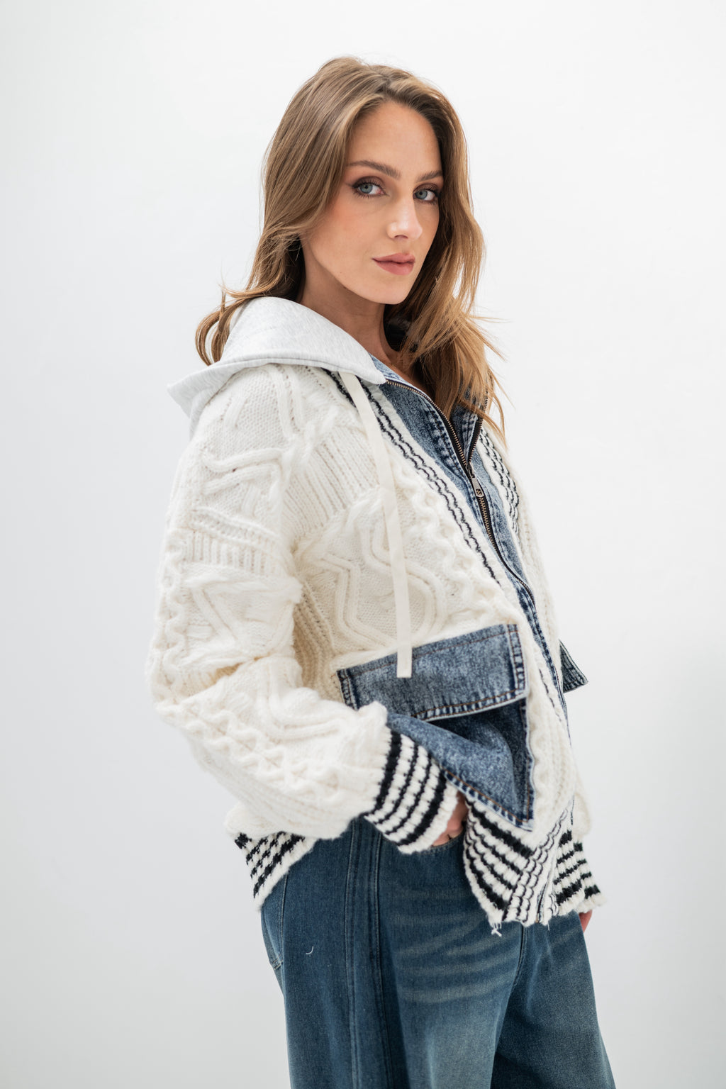 DENVER – Pull veste à capuche en tricot et denim