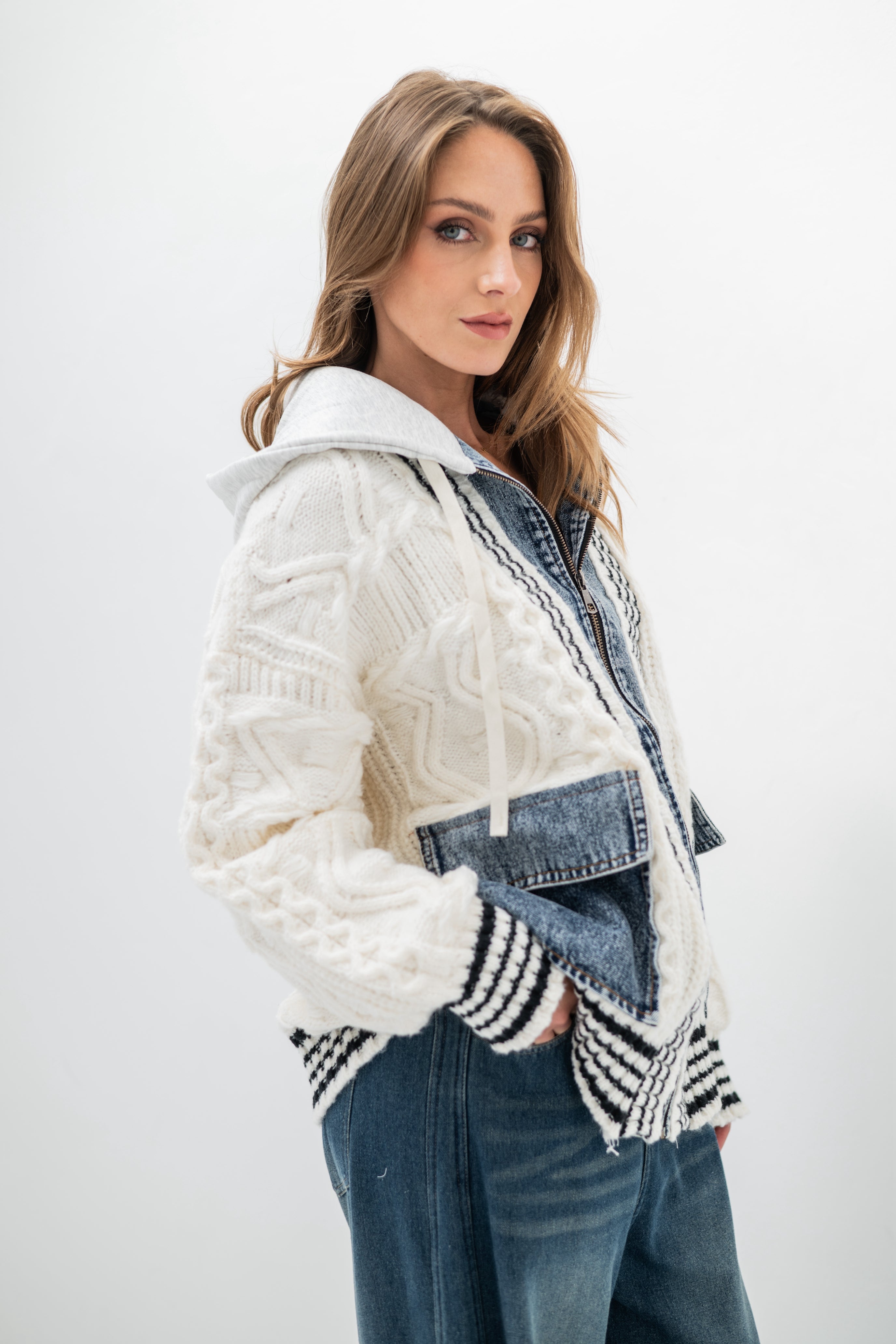 DENVER – Pull veste à capuche en tricot et denim