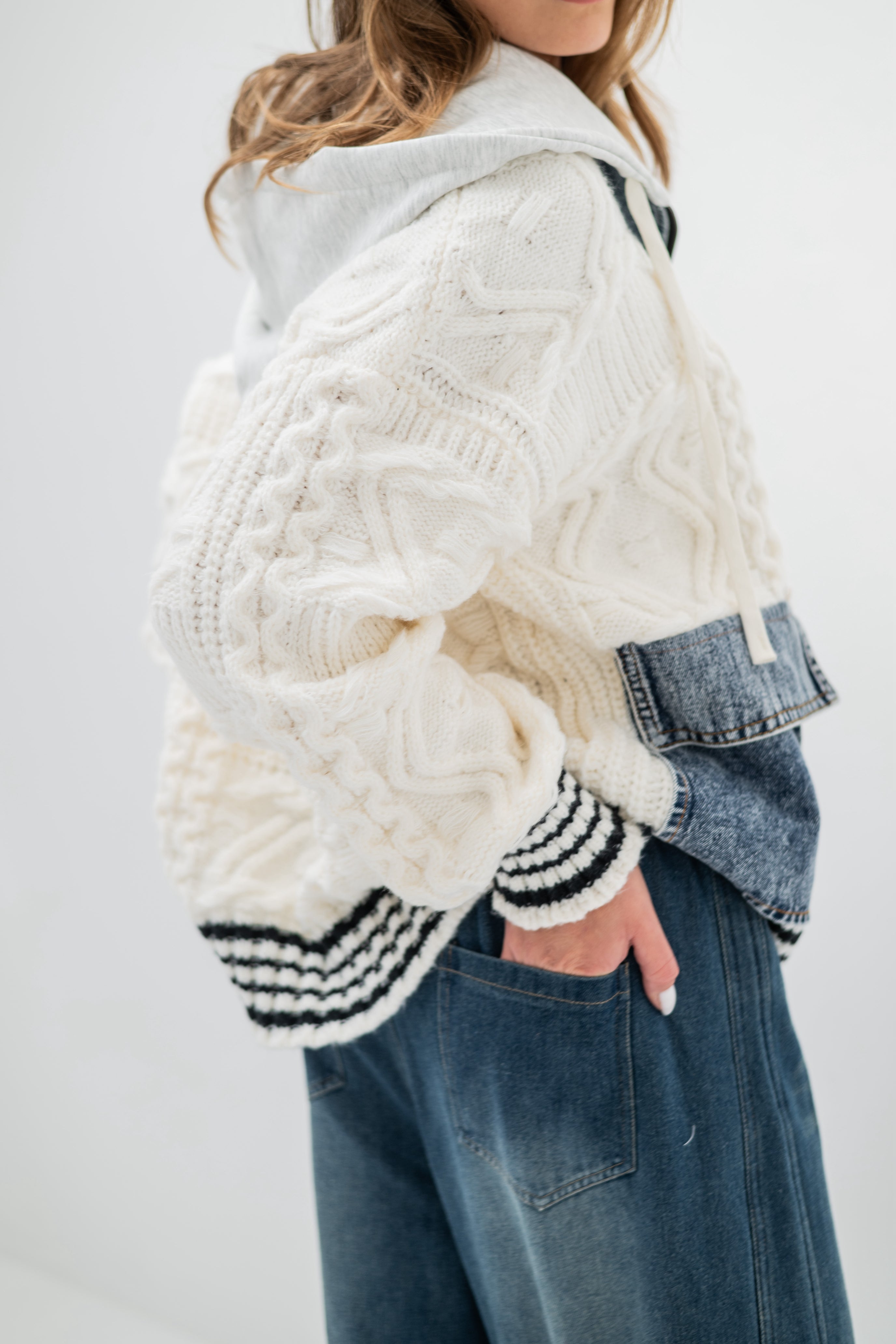 DENVER – Pull veste à capuche en tricot et denim