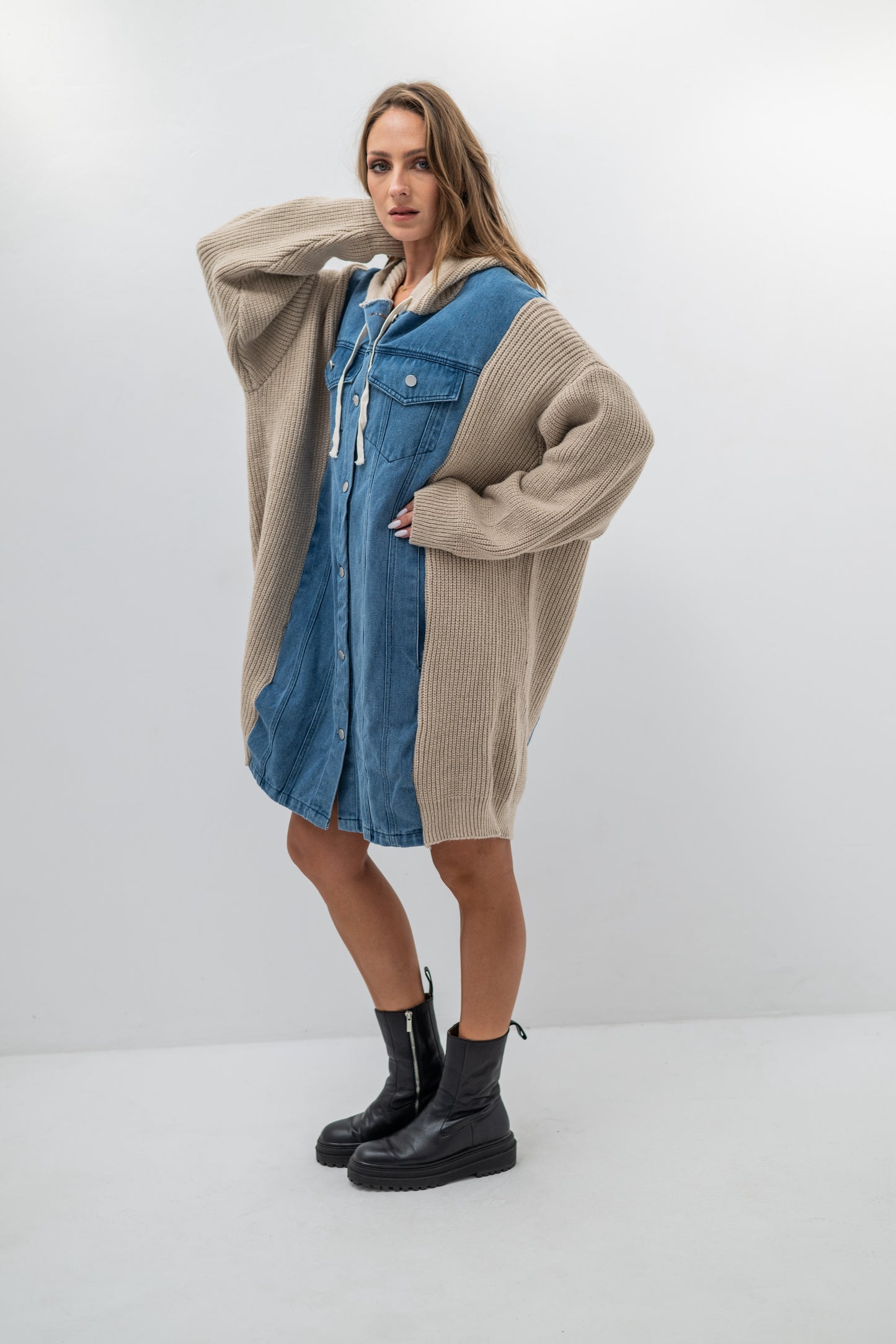 DENVER – Pull veste oversize en denim et maille