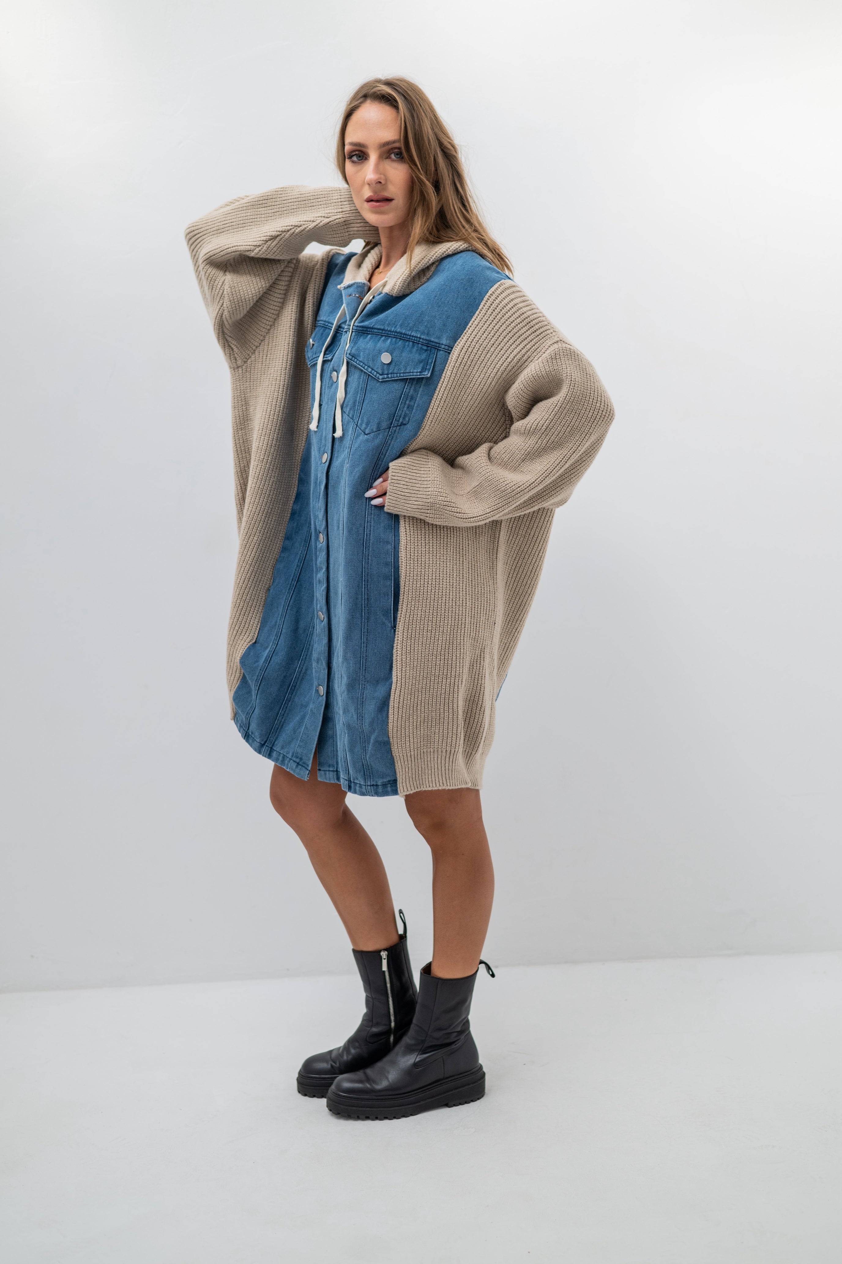 DENVER – Pull veste oversize en denim et maille
