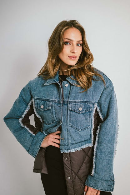 DENVER – Doudoune courte bi-matière en denim et nylon matelassé