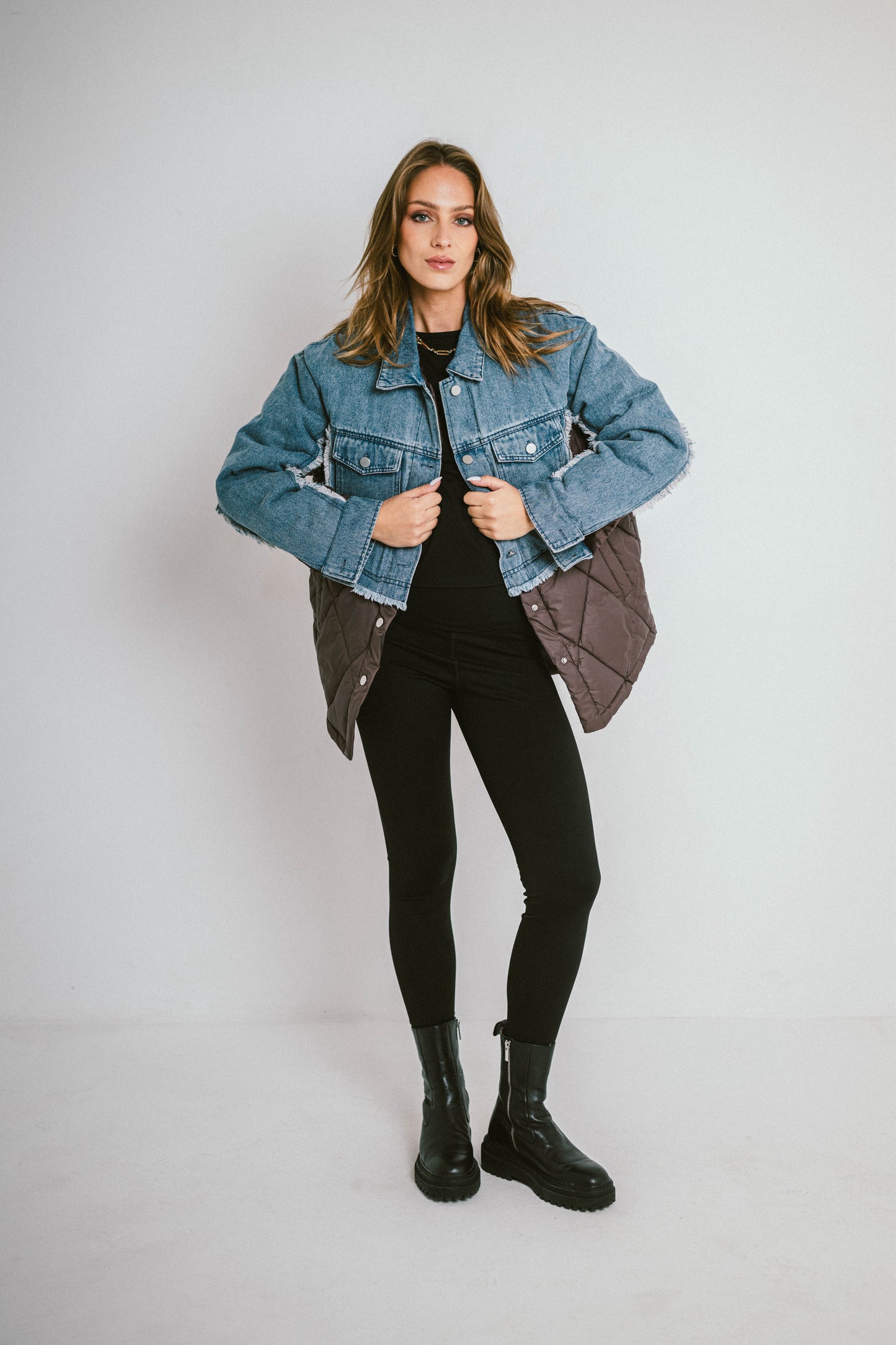 DENVER – Doudoune courte bi-matière en denim et nylon matelassé