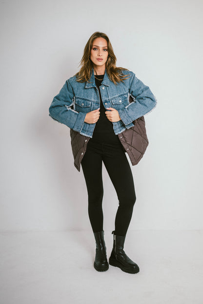 DENVER – Doudoune courte bi-matière en denim et nylon matelassé