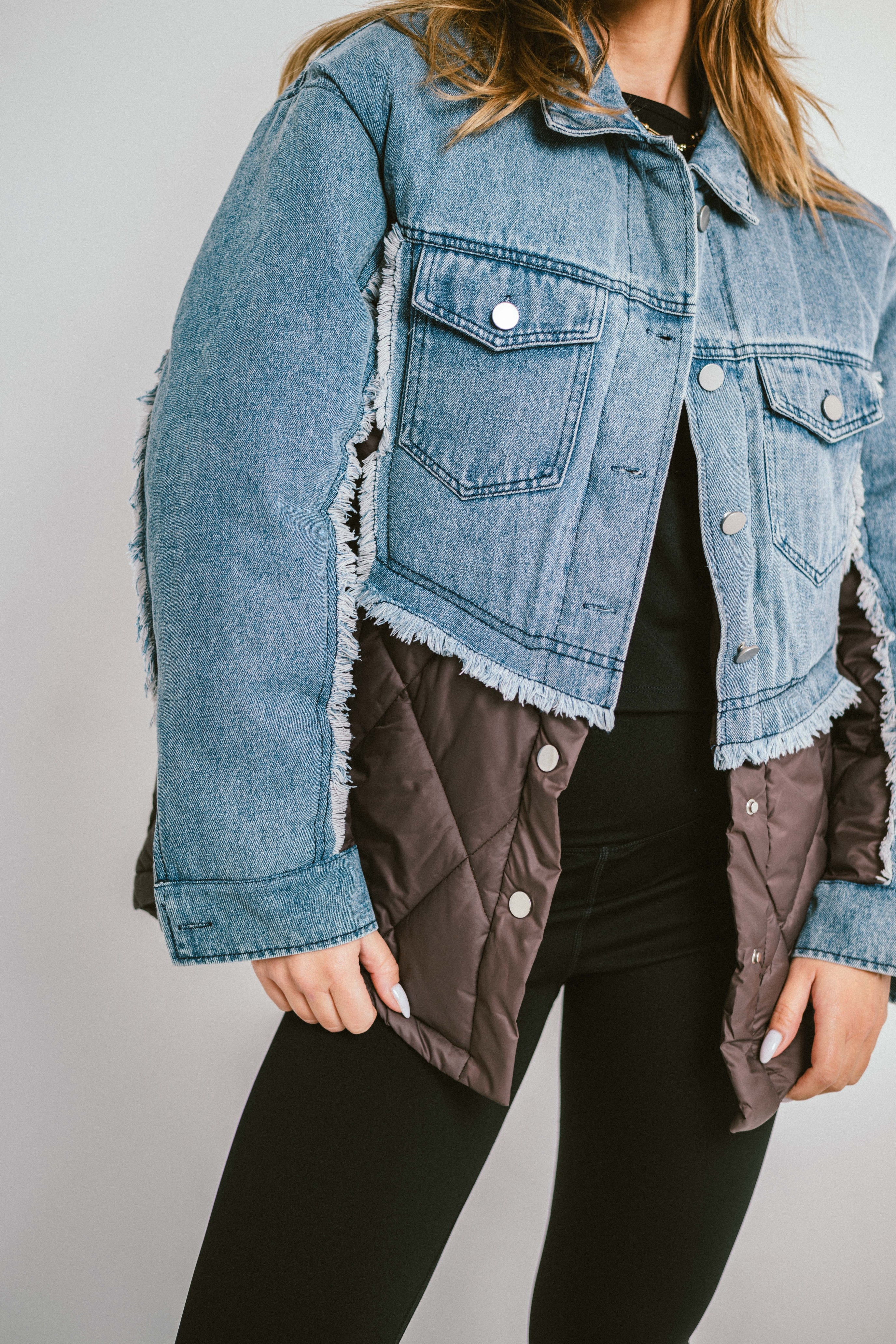 DENVER – Doudoune courte bi-matière en denim et nylon matelassé