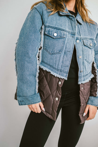 DENVER – Doudoune courte bi-matière en denim et nylon matelassé