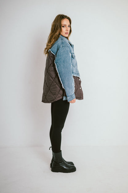 DENVER – Doudoune courte bi-matière en denim et nylon matelassé