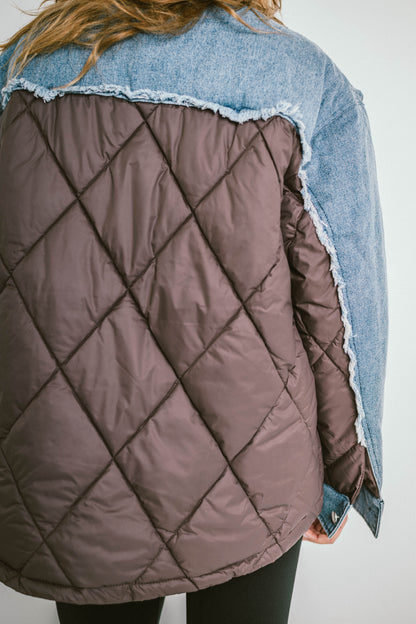 DENVER – Doudoune courte bi-matière en denim et nylon matelassé