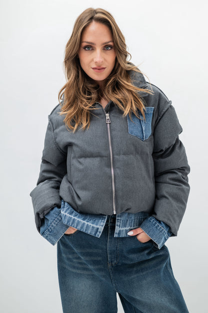 DENVER – Doudoune courte bicolore effet denim