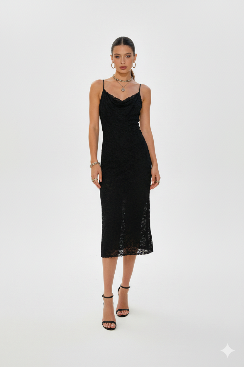 BLOOM - Robe longue près du corps en dentelle à fines bretelles