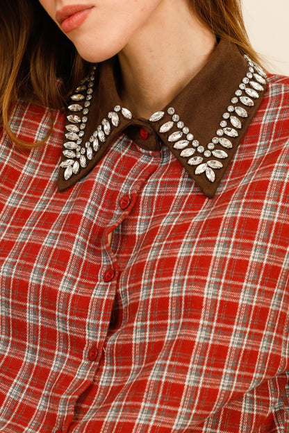 SIENNA – Chemise à carreaux col orné de strass