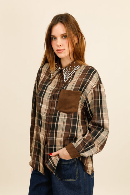 SIERRA – Chemise à carreaux col orné de strass