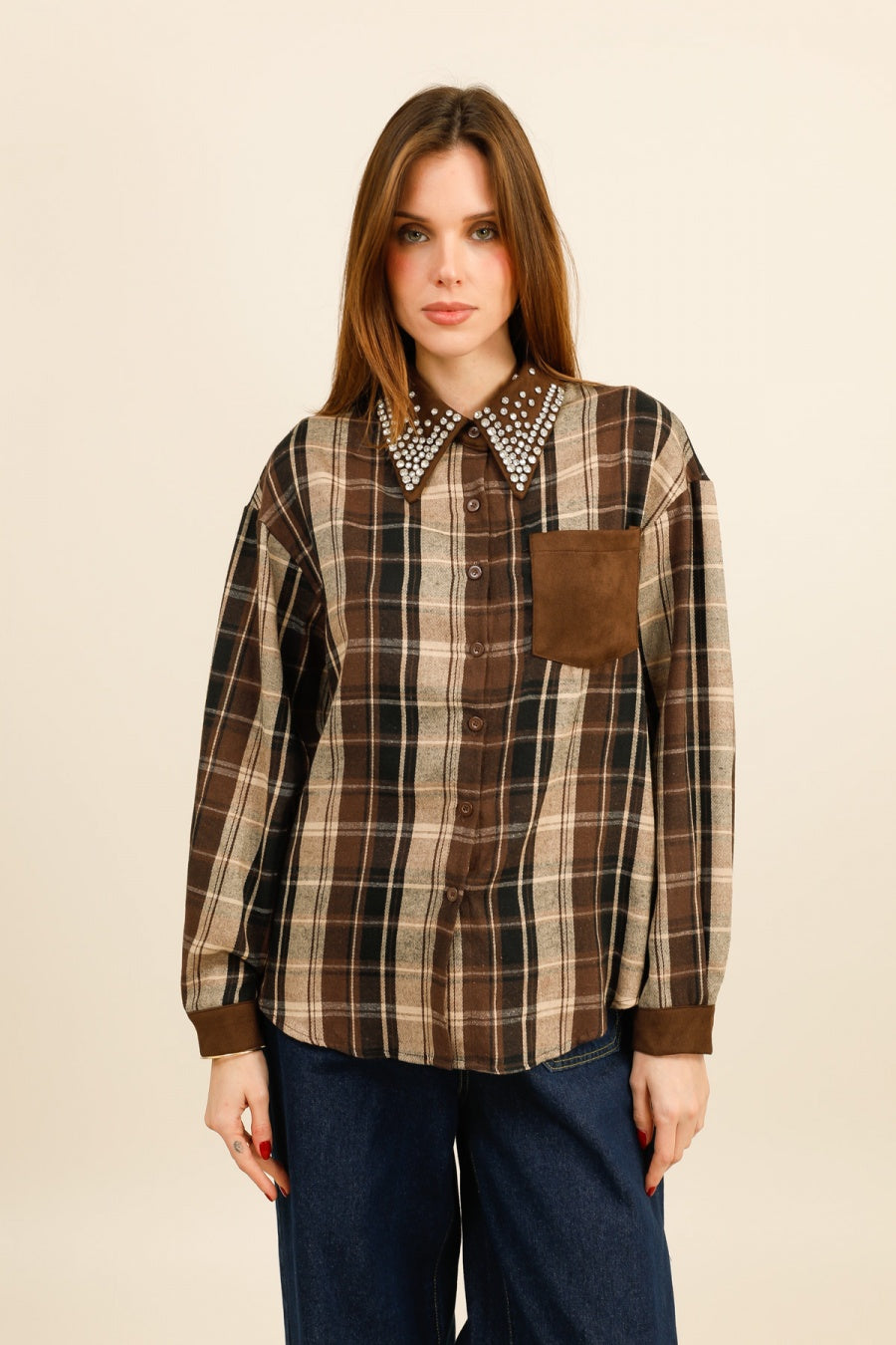 SIERRA – Chemise à carreaux col orné de strass