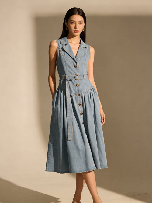 BLOOM - Robe midi sans manches en denim boutonnée avec ceinture et col tailleur