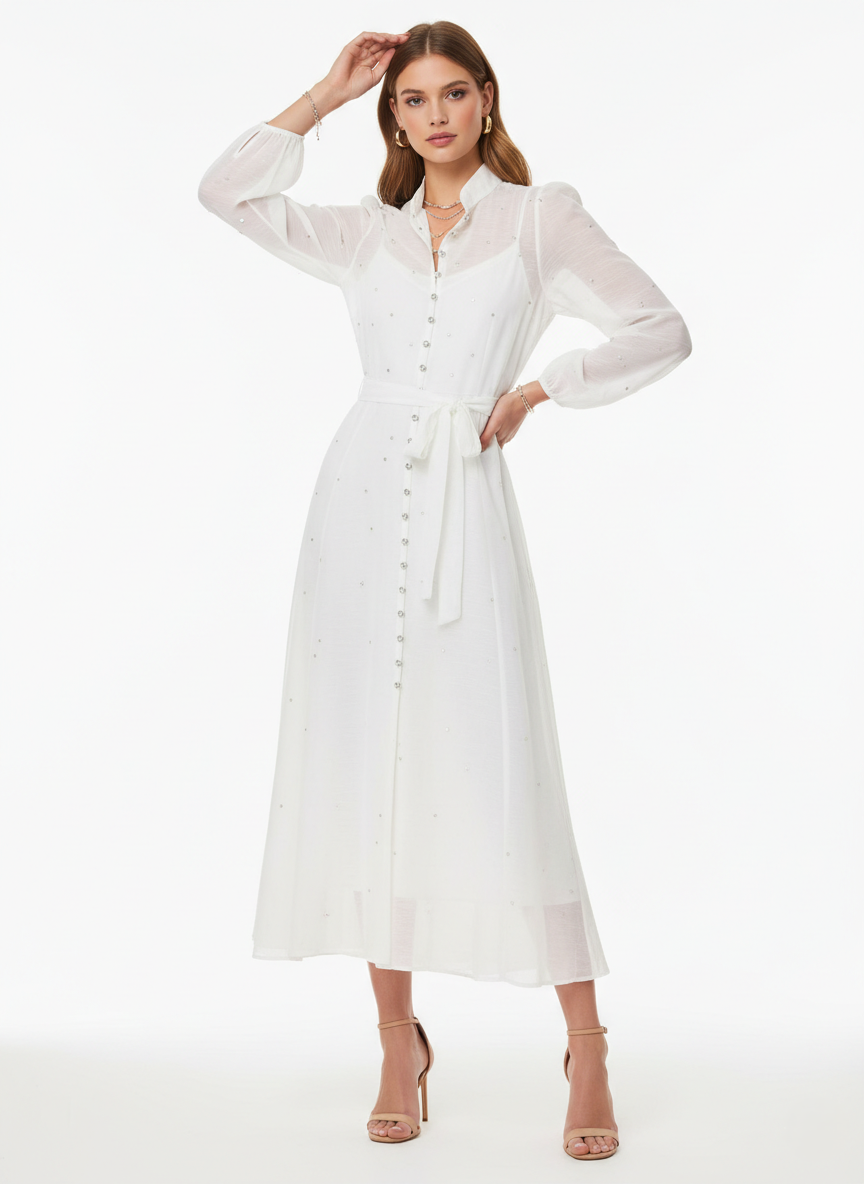 BLOOM – Robe midi fluide ceinturée à manches longues ornée de strass