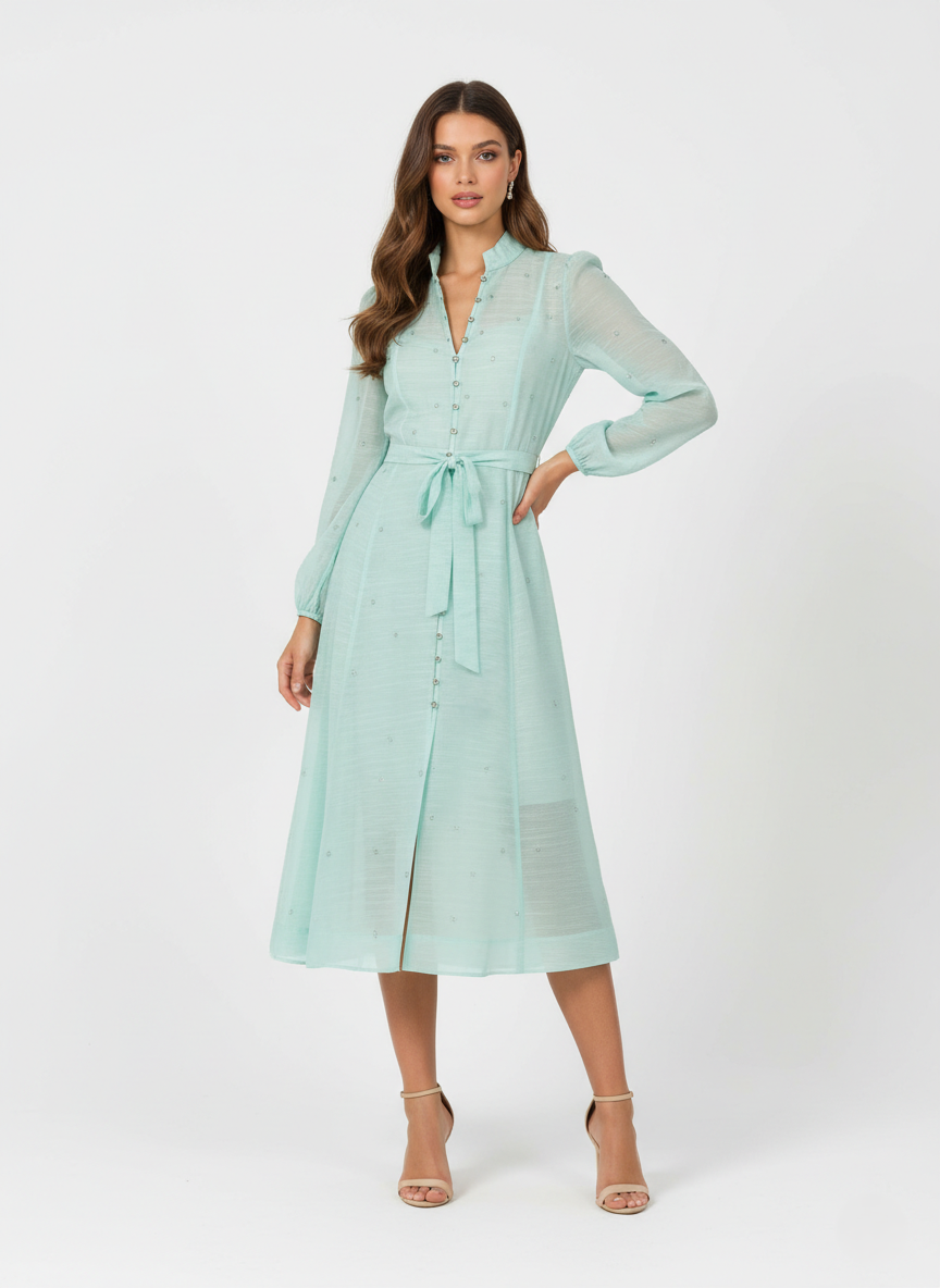 BLOOM – Robe midi fluide ceinturée à manches longues ornée de strass