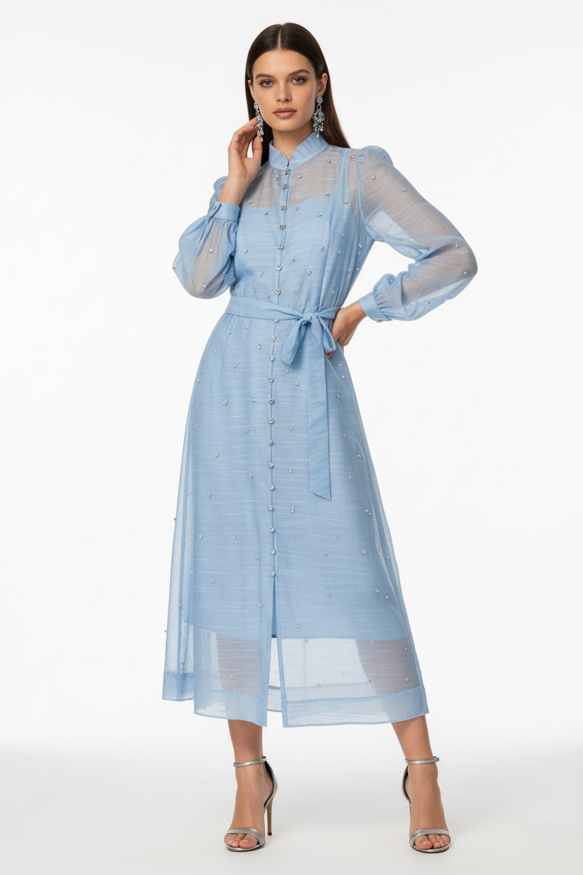 BLOOM – Robe midi fluide ceinturée à manches longues ornée de strass