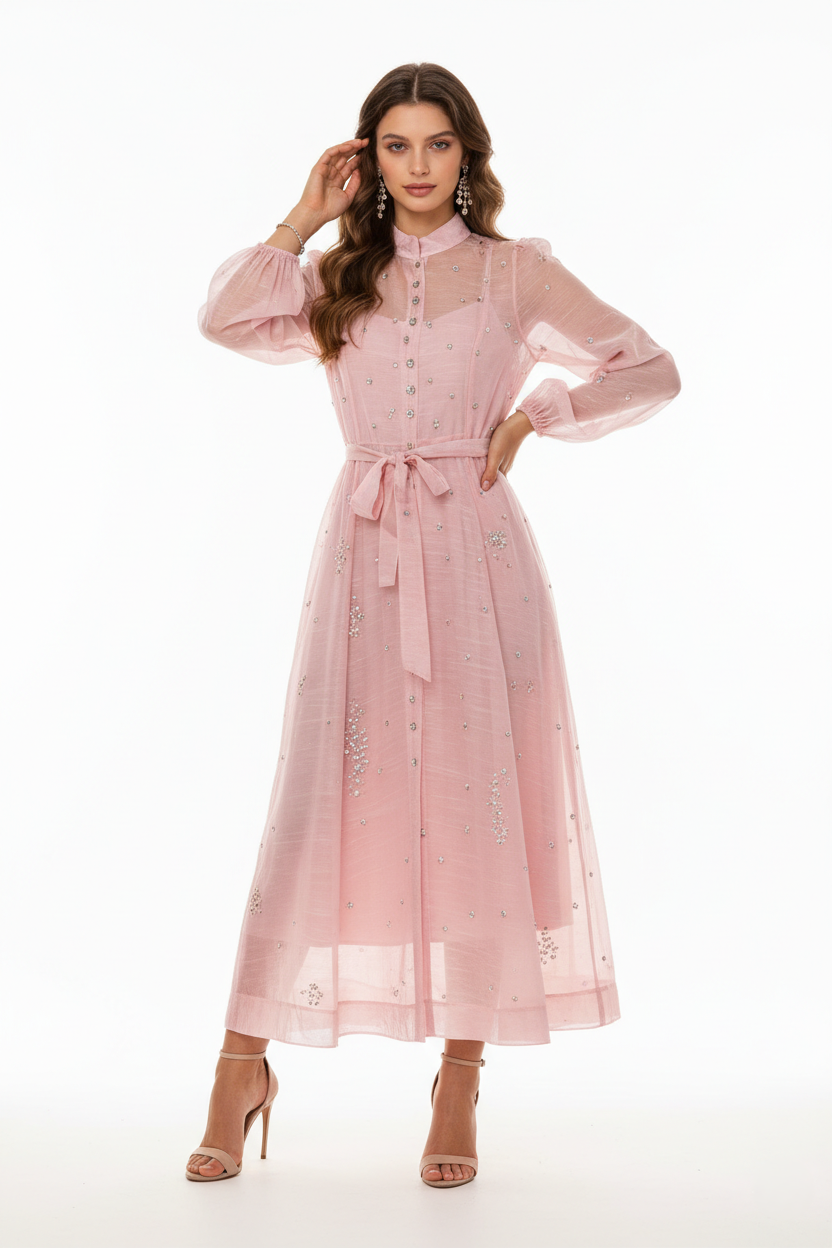 BLOOM – Robe midi fluide ceinturée à manches longues ornée de strass