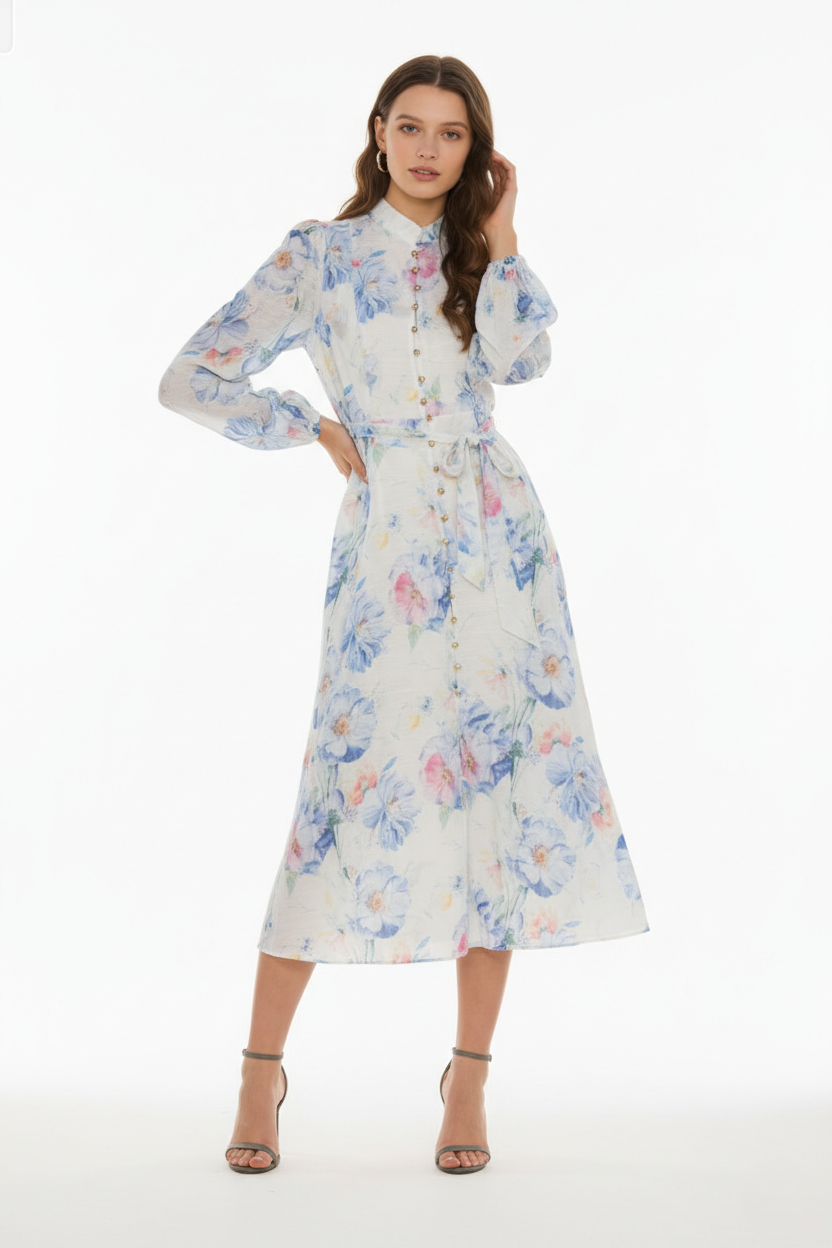BLOOM – Robe midi fluide imprimée à manches longues ceinturée boutonnée