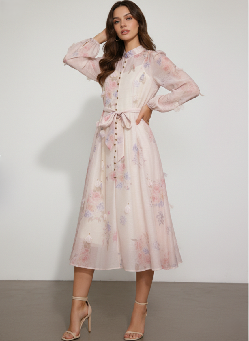 BLOOM – Robe midi fluide imprimée à manches longues ceinturée boutonnée