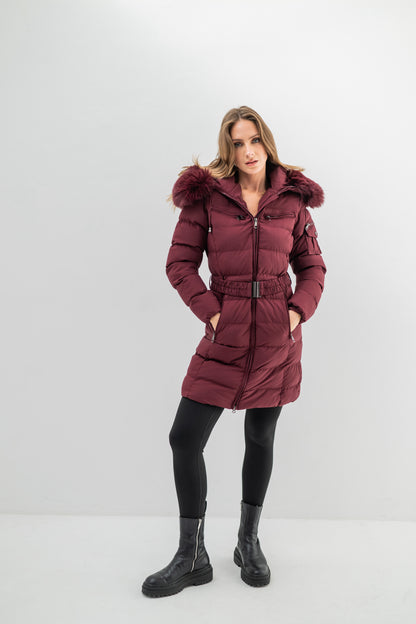 VALENTINA – Doudoune mi-longue ceinturée à capuche bordée de fausse fourrure