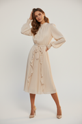 BLOOM – Robe midi plissée fluide ceinturée à manches longues