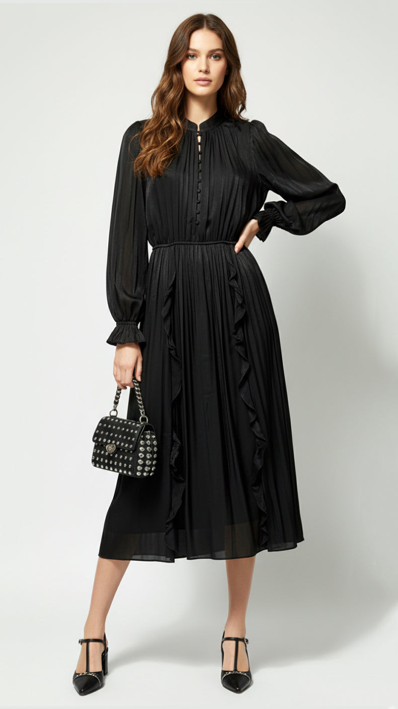 BLOOM – Robe midi plissée fluide ceinturée à manches longues