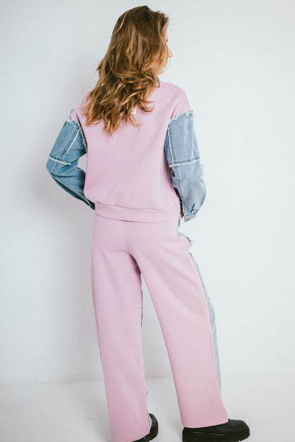 DENVER – Sweat bi-matière à col zippé et pantalon denim contrasté