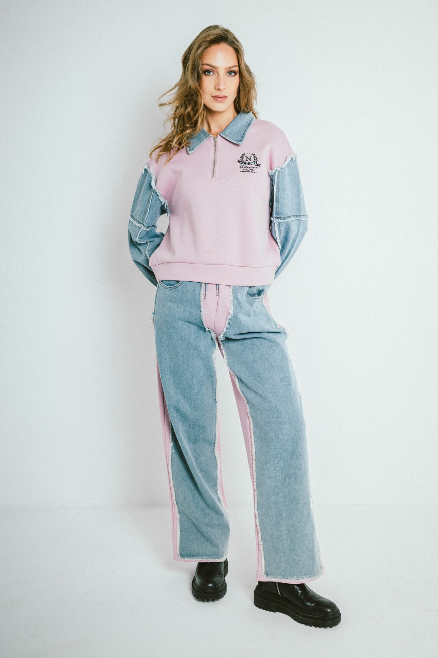 DENVER – Sweat bi-matière à col zippé et pantalon denim contrasté