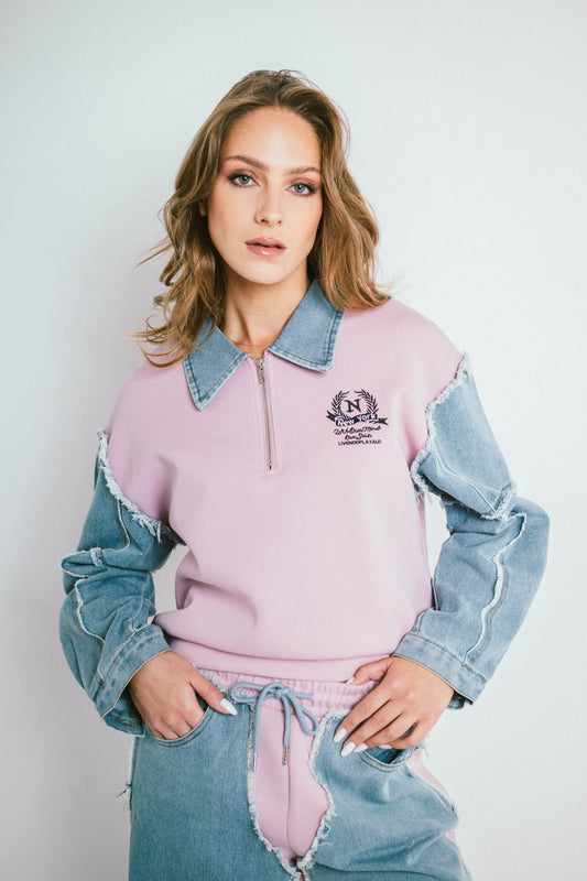 DENVER – Sweat bi-matière à col zippé et pantalon denim contrasté